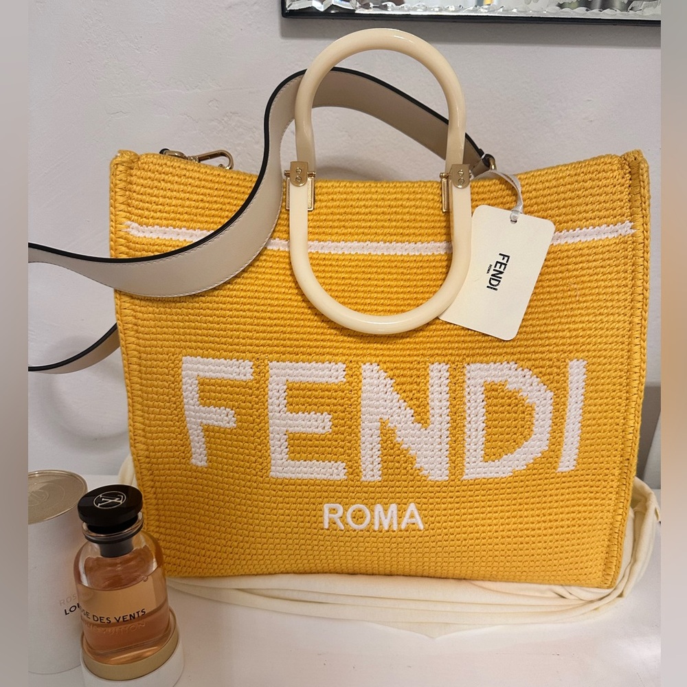 Fendi Yellow and White Roma Crochet Tote